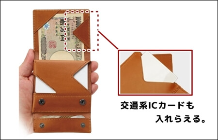 薄い財布のお札留めパーツのうしろに「交通系ICカード」が入れられる「隠しポケット」があることを伝える写真