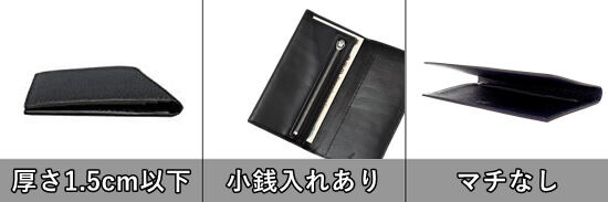 薄い長財布の条件「厚さ1.5cm以下×小銭入れあり×マチなし」を説明する写真