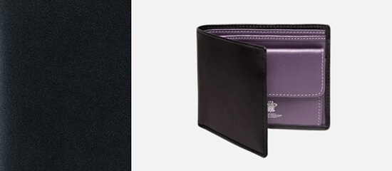 「カーフレザー」の拡大写真と財布の写真