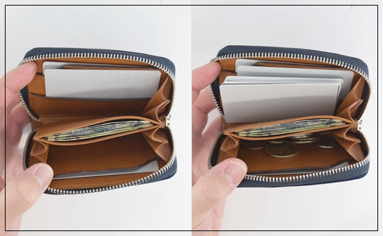 ミドルウォレット（MW-102）にカード3枚を収納した時の写真＆すべて収納した時の写真の合体