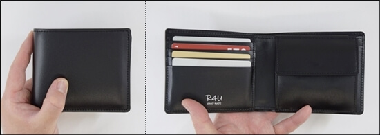 シンプルで品質の良い、綺麗で中身が整理された状態の革財布 実物写真例