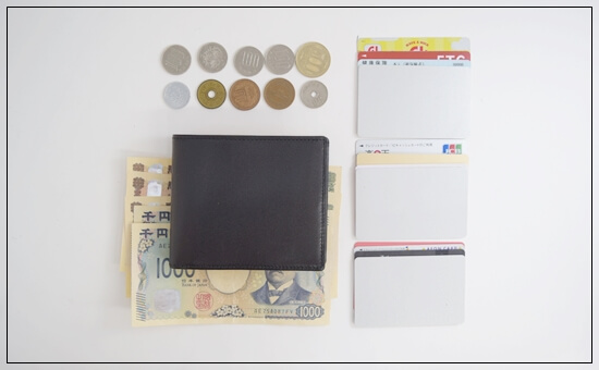 シラサギレザー二つ折り財布(ベロ付)に収納した物一覧